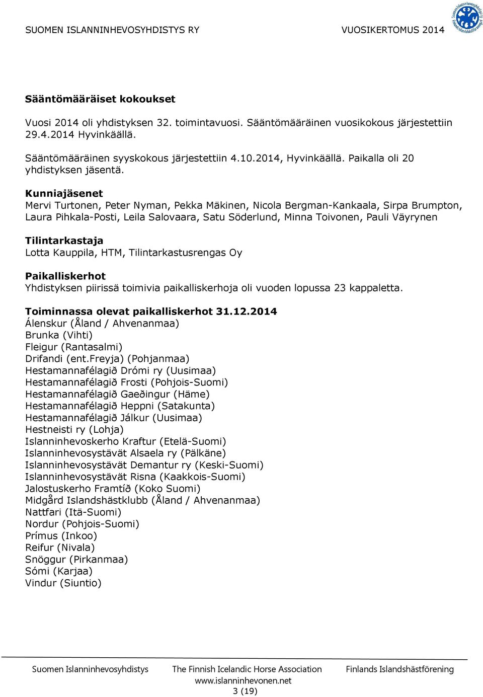 Kunniajäsenet Mervi Turtonen, Peter Nyman, Pekka Mäkinen, Nicola Bergman-Kankaala, Sirpa Brumpton, Laura Pihkala-Posti, Leila Salovaara, Satu Söderlund, Minna Toivonen, Pauli Väyrynen Tilintarkastaja