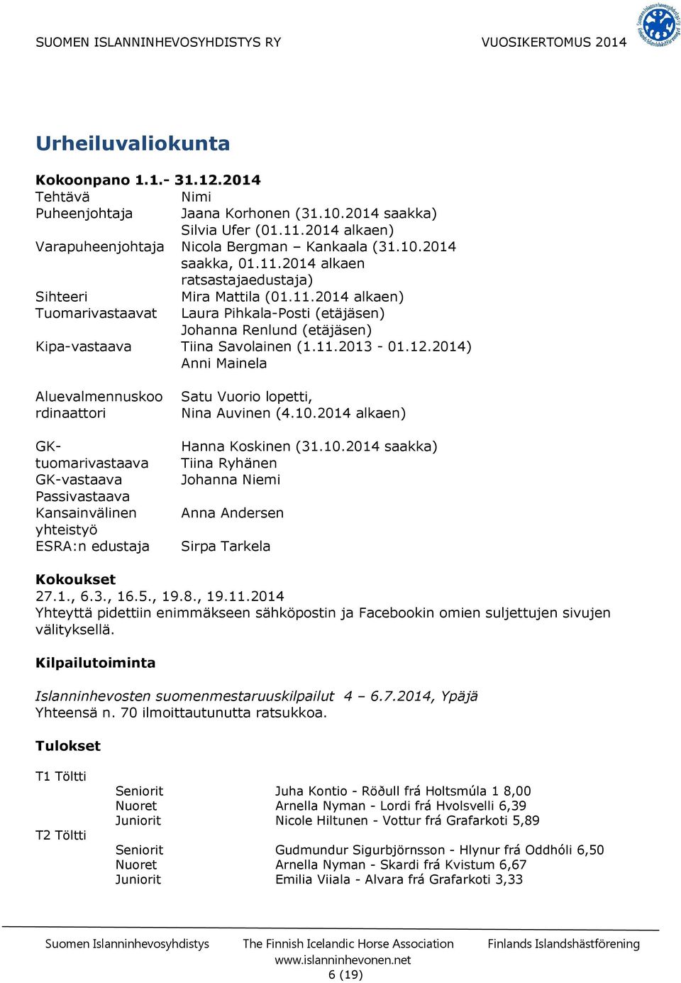 2014) Anni Mainela Aluevalmennuskoo rdinaattori GKtuomarivastaava GK-vastaava Passivastaava Kansainvälinen yhteistyö ESRA:n edustaja Satu Vuorio lopetti, Nina Auvinen (4.10.