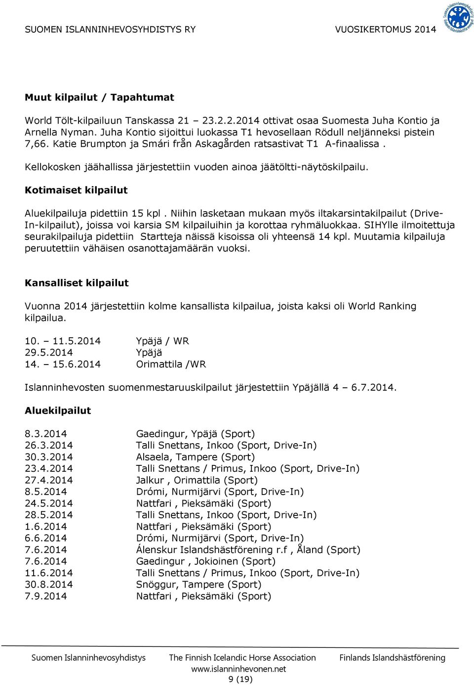 Kellokosken jäähallissa järjestettiin vuoden ainoa jäätöltti-näytöskilpailu. Kotimaiset kilpailut Aluekilpailuja pidettiin 15 kpl.