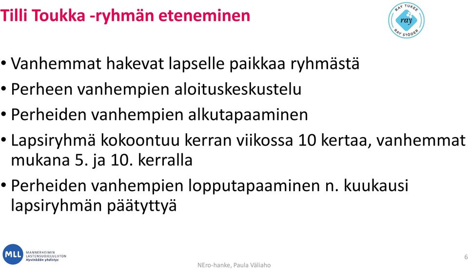 Lapsiryhmä kokoontuu kerran viikossa 10 kertaa, vanhemmat mukana 5. ja 10.