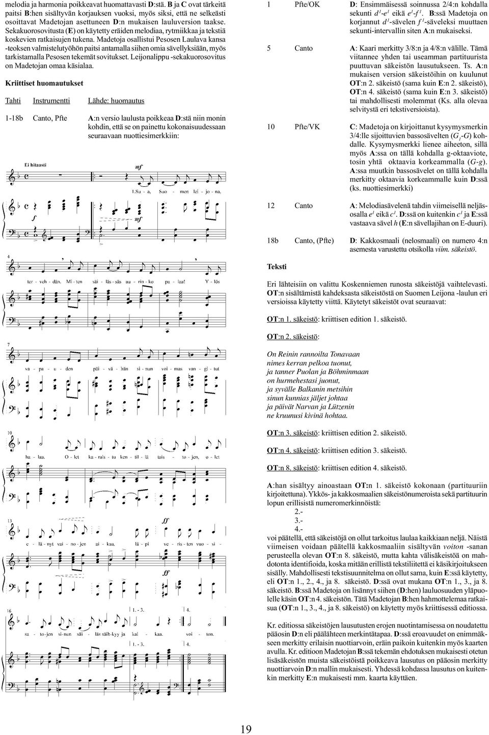 Sekakuorosovitusta (E) on käytetty eräiden melodiaa, rytmiikkaa ja tekstiä koskevien ratkaisujen tukena.
