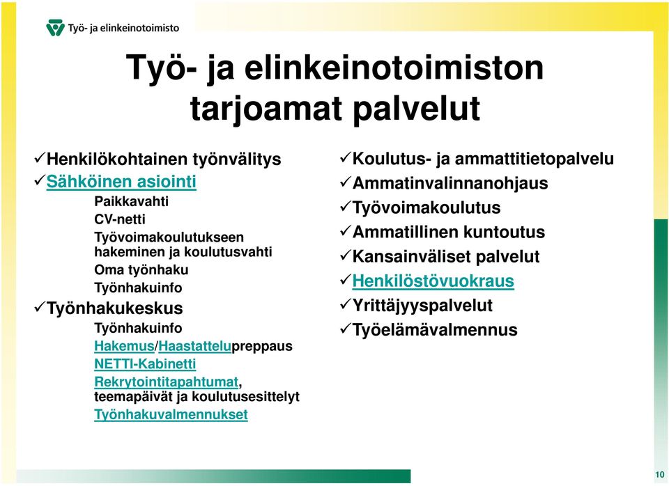 Hakemus/Haastattelupreppaus NETTI-Kabinetti Rekrytointitapahtumat, teemapäivät ja koulutusesittelyt Työnhakuvalmennukset
