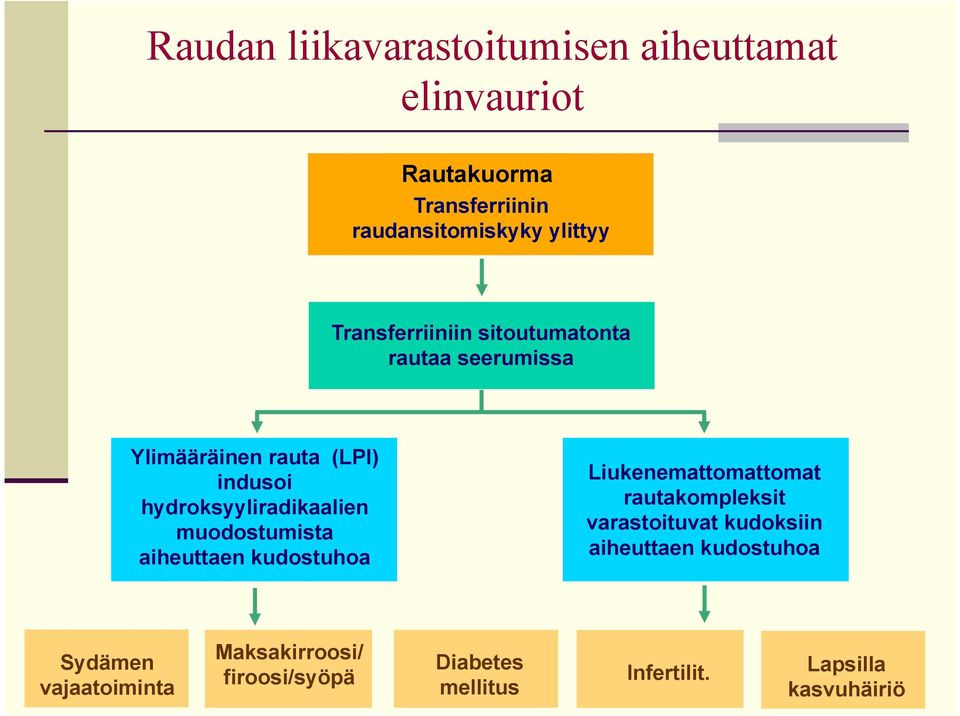 muodostumista aiheuttaen kudostuhoa Liukenemattomattomat rautakompleksit varastoituvat kudoksiin aiheuttaen