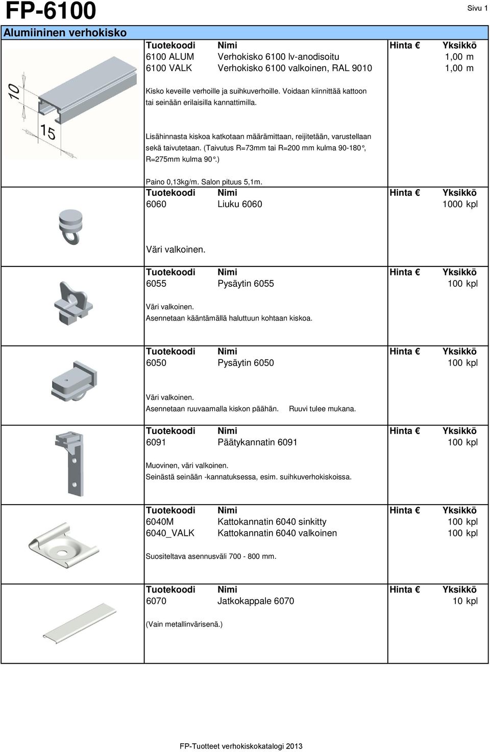 (Taivutus R=73mm tai R=200 mm kulma 90-180, R=275mm kulma 90.) Paino 0,13kg/m. Salon pituus 5,1m. 6060 Liuku 6060 1000 kpl 6055 Pysäytin 6055 100 kpl Asennetaan kääntämällä haluttuun kohtaan kiskoa.