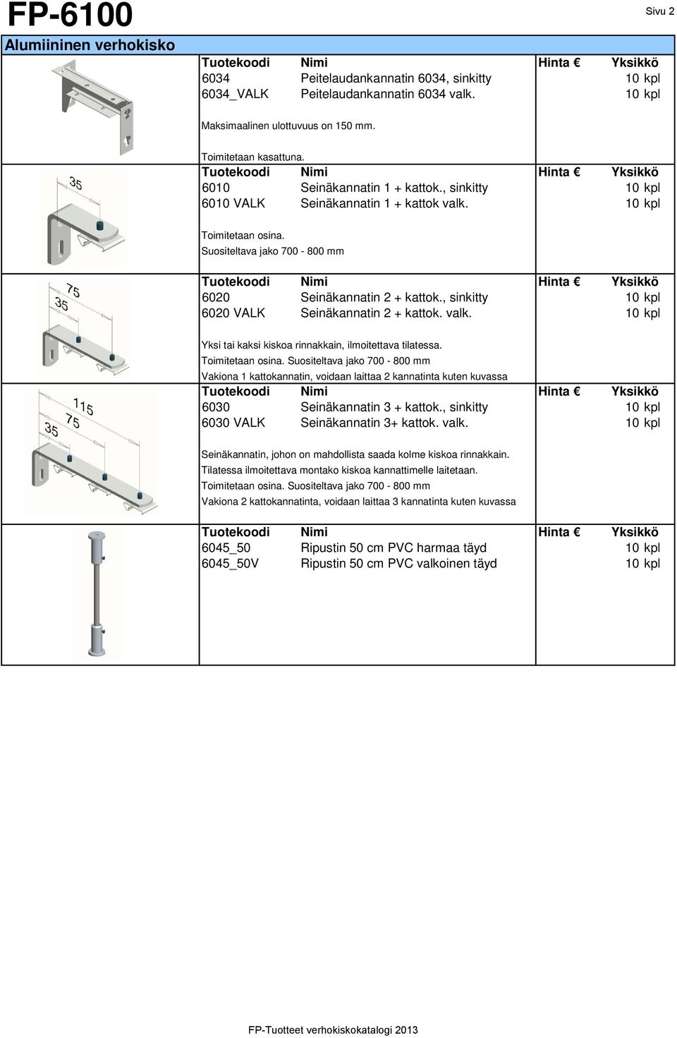 Suositeltava jako 700-800 mm Vakiona 1 kattokannatin, voidaan laittaa 2 kannatinta kuten kuvassa 6030 Seinäkannatin 3 + kattok., sinkitty 10 kpl 6030 VALK Seinäkannatin 3+ kattok. valk.