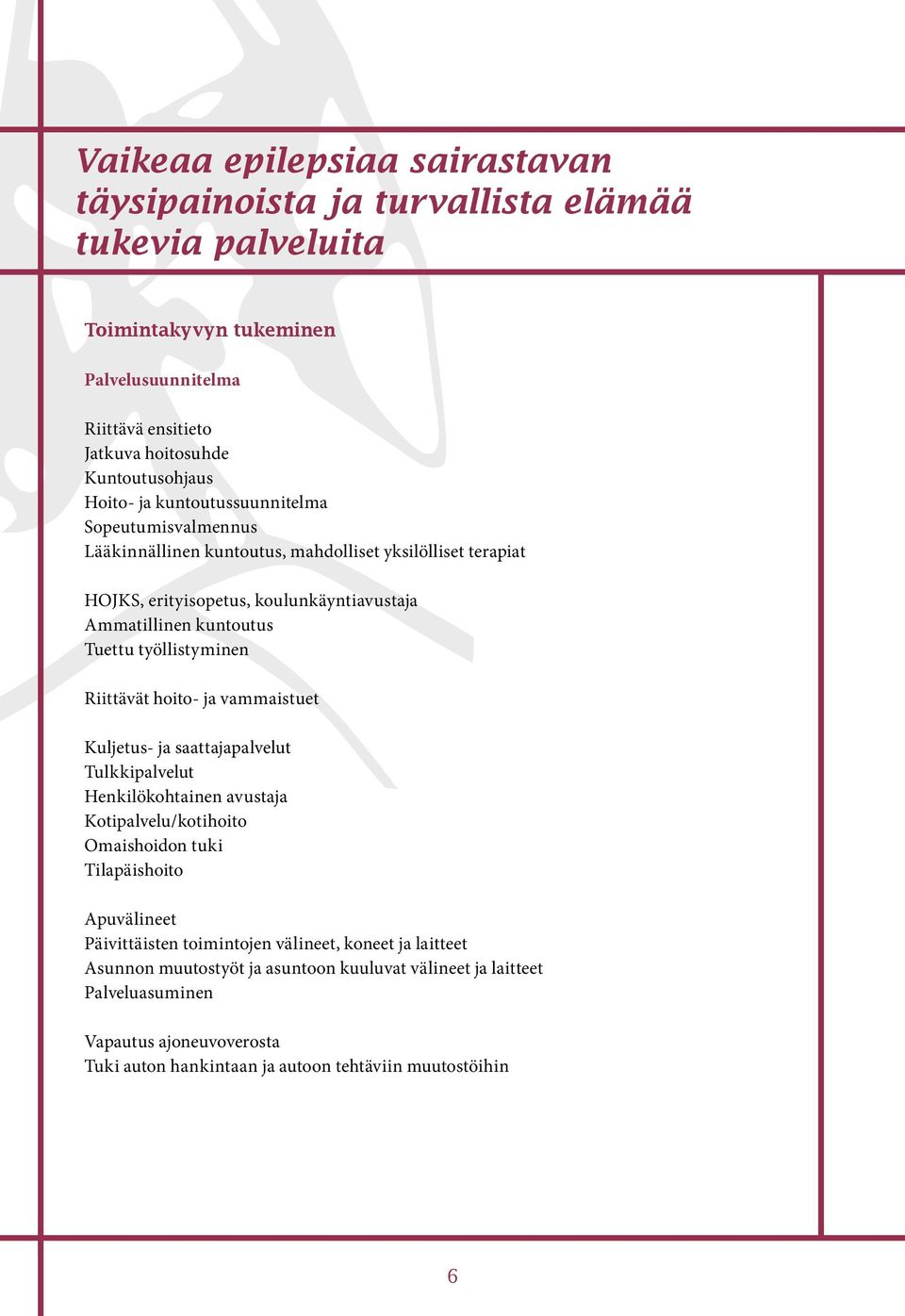 työllistyminen Riittävät hoito- ja vammaistuet Kuljetus- ja saattajapalvelut Tulkkipalvelut Henkilökohtainen avustaja Kotipalvelu/kotihoito Omaishoidon tuki Tilapäishoito Apuvälineet