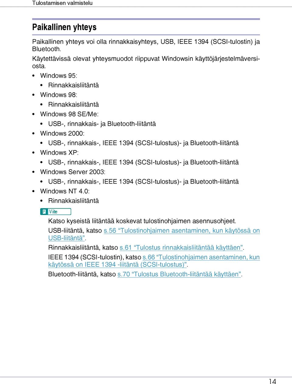 Windows 95: Rinnakkaisliitäntä Windows 98: Rinnakkaisliitäntä Windows 98 SE/Me: USB-, rinnakkais- ja Bluetooth-liitäntä Windows 2000: USB-, rinnakkais-, IEEE 1394 (SCSI-tulostus)- ja