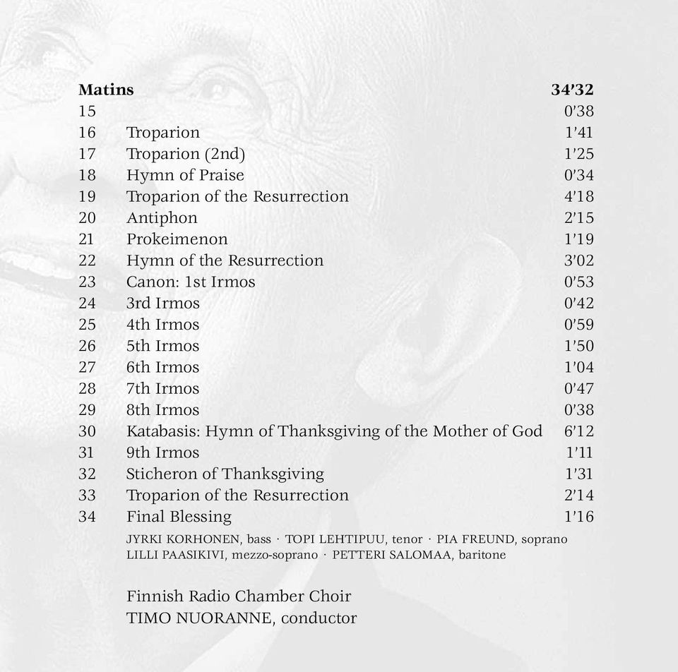 Katabasis: Hymn of Thanksgiving of the Mother of God 6 12 31 9th Irmos 1 11 32 Sticheron of Thanksgiving 1 31 33 Troparion of the Resurrection 2 14 34 Final Blessing 1