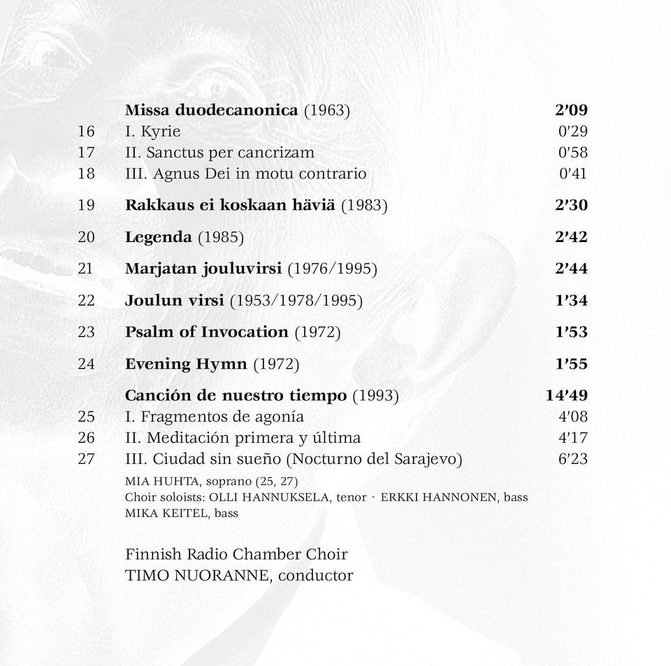 (1953/1978/1995) 1 34 23 Psalm of Invocation (1972) 1 53 24 Evening Hymn (1972) 1 55 Canción de nuestro tiempo (1993) 14 49 25 I. Fragmentos de agonía 4 08 26 II.