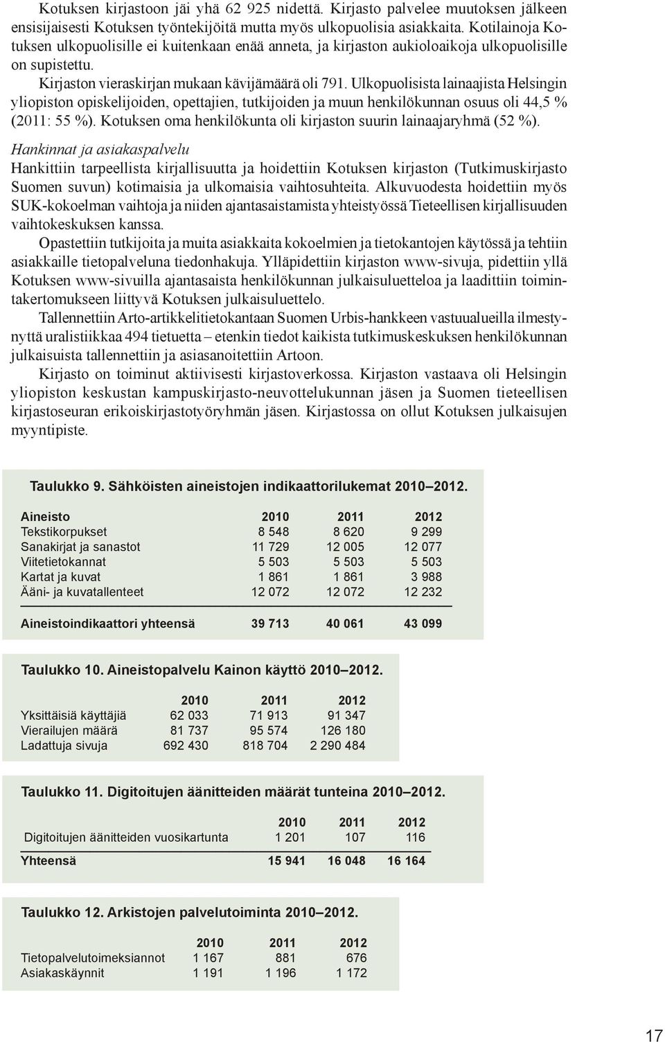 Ulkopuolisista lainaajista Helsingin yliopiston opiskelijoiden, opettajien, tutkijoiden ja muun henkilökunnan osuus oli 44,5 % (2011: 55 %).