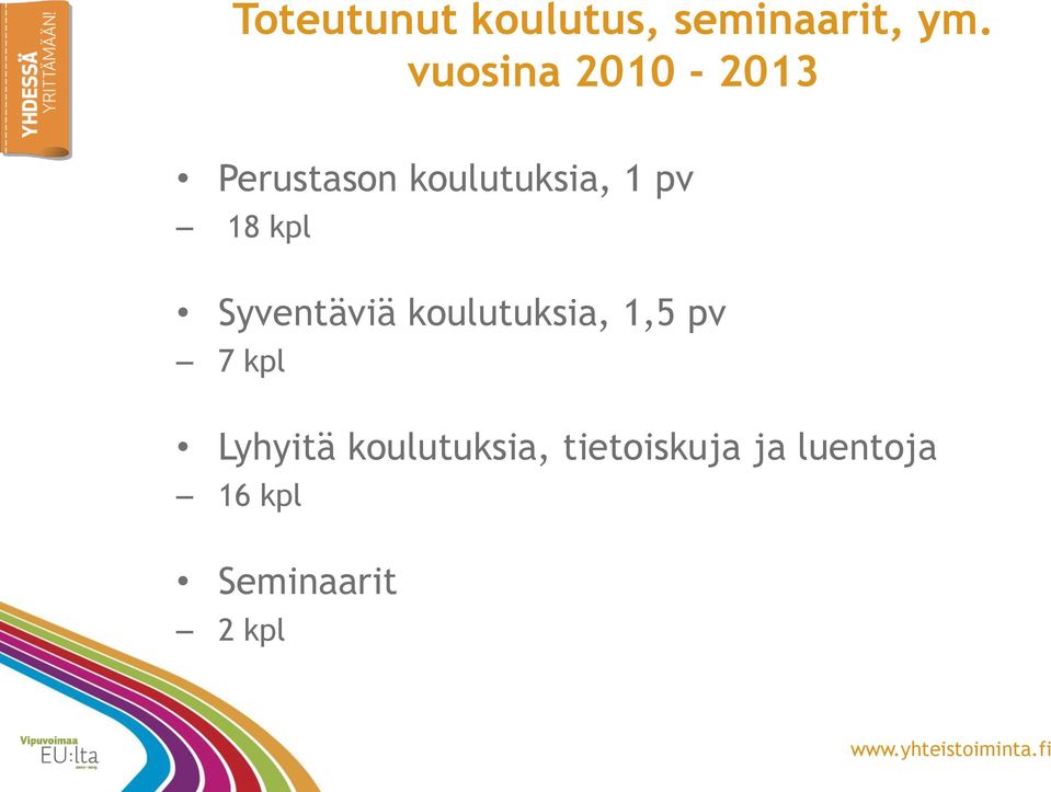 18 kpl Syventäviä koulutuksia, 1,5 pv 7 kpl