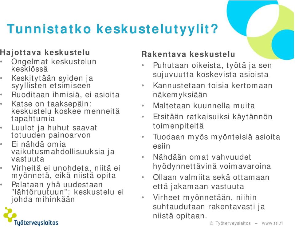 huhut saavat totuuden painoarvon Ei nähdä omia vaikutusmahdollisuuksia ja vastuuta Virheitä ei unohdeta, niitä ei myönnetä, eikä niistä opita Palataan yhä uudestaan "lähtöruutuun": keskustelu ei