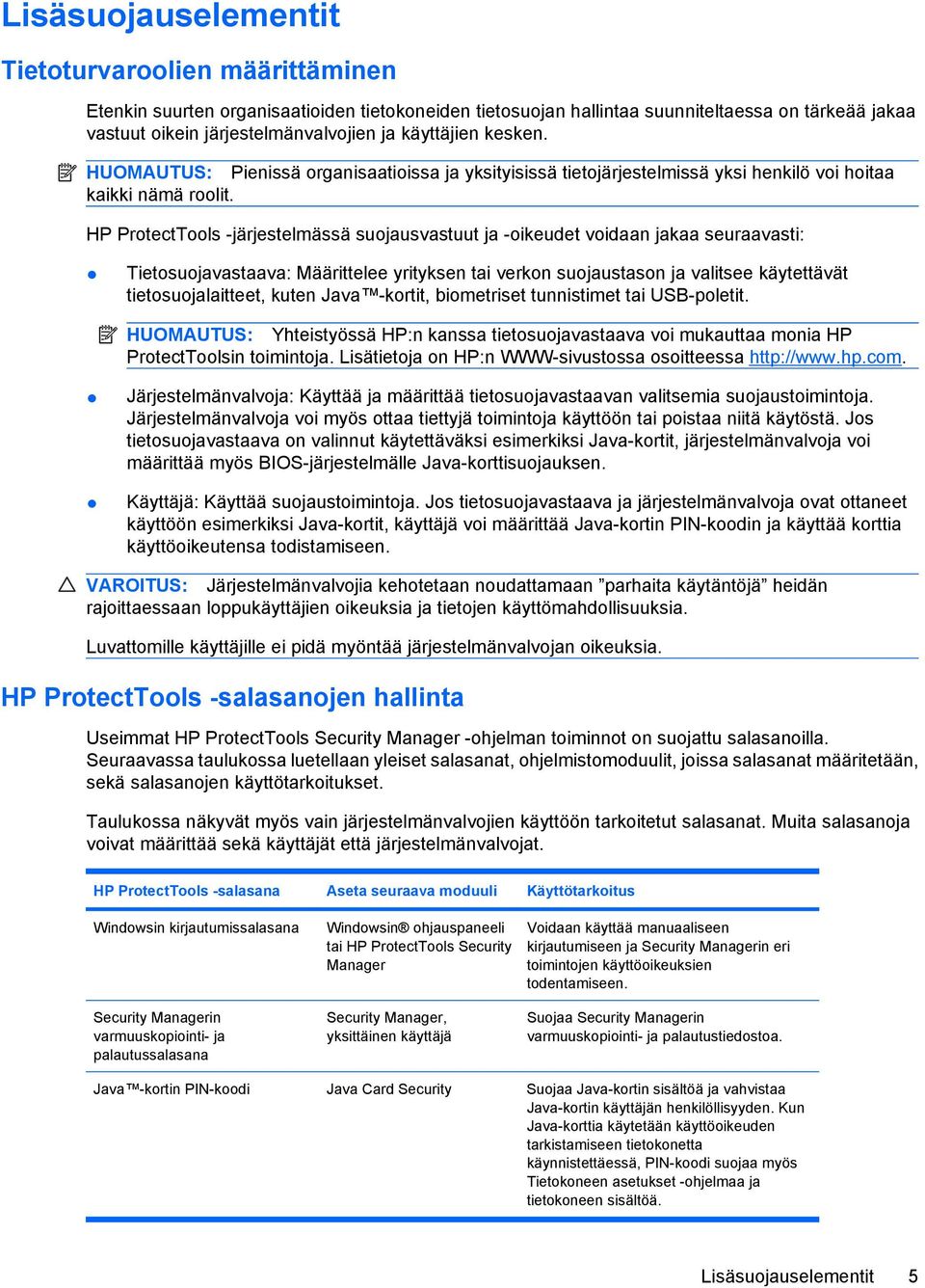 HP ProtectTools -järjestelmässä suojausvastuut ja -oikeudet voidaan jakaa seuraavasti: Tietosuojavastaava: Määrittelee yrityksen tai verkon suojaustason ja valitsee käytettävät tietosuojalaitteet,