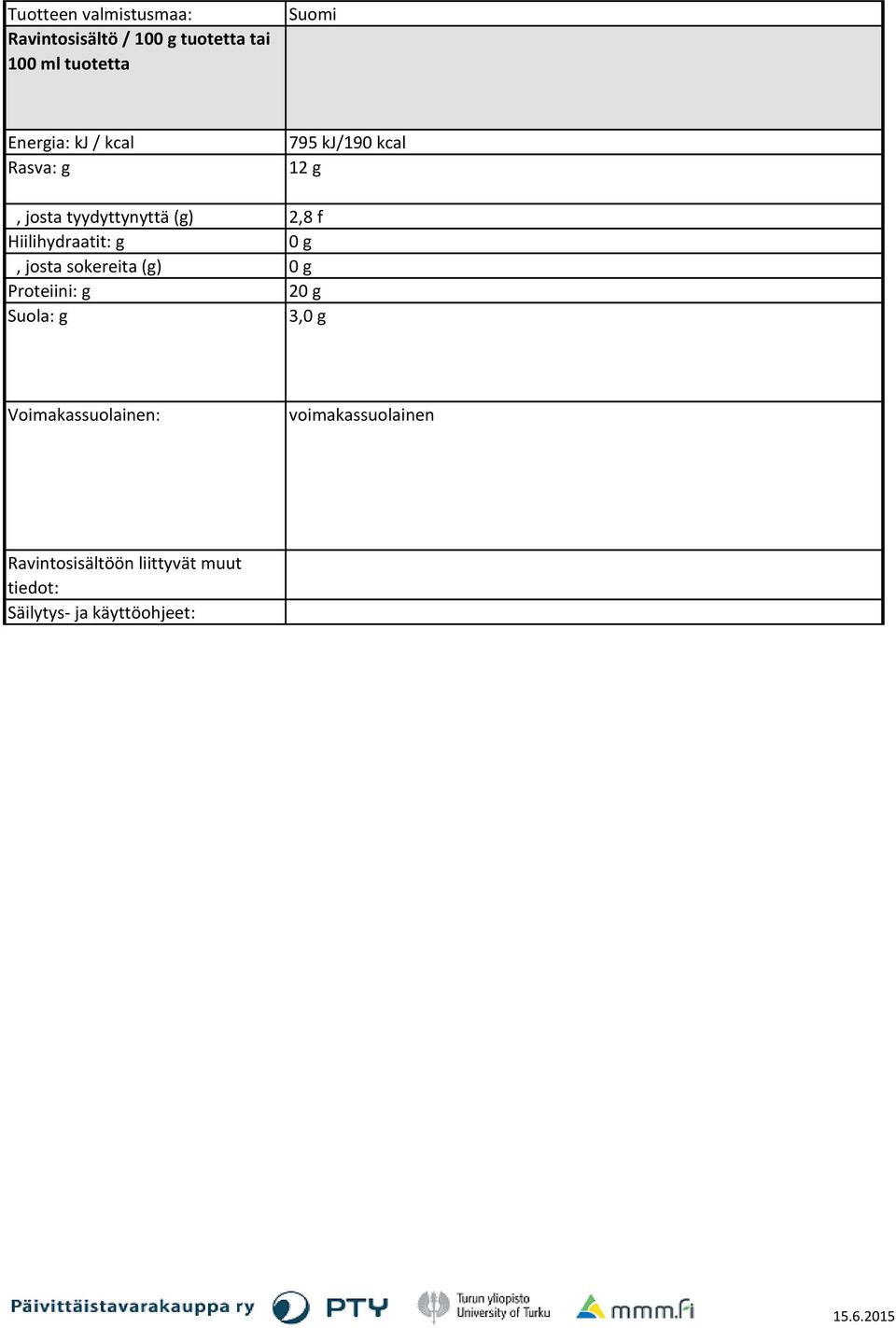 Proteiini: g Suola: g 795 kj/190 kcal 12 g 2,8 f 0 g 0 g 20 g 3,0 g