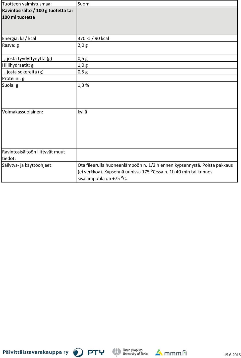 1,3 % Voimakassuolainen: kyllä Ravintosisältöön liittyvät muut tiedot: Säilytys ja käyttöohjeet: Ota fileerulla