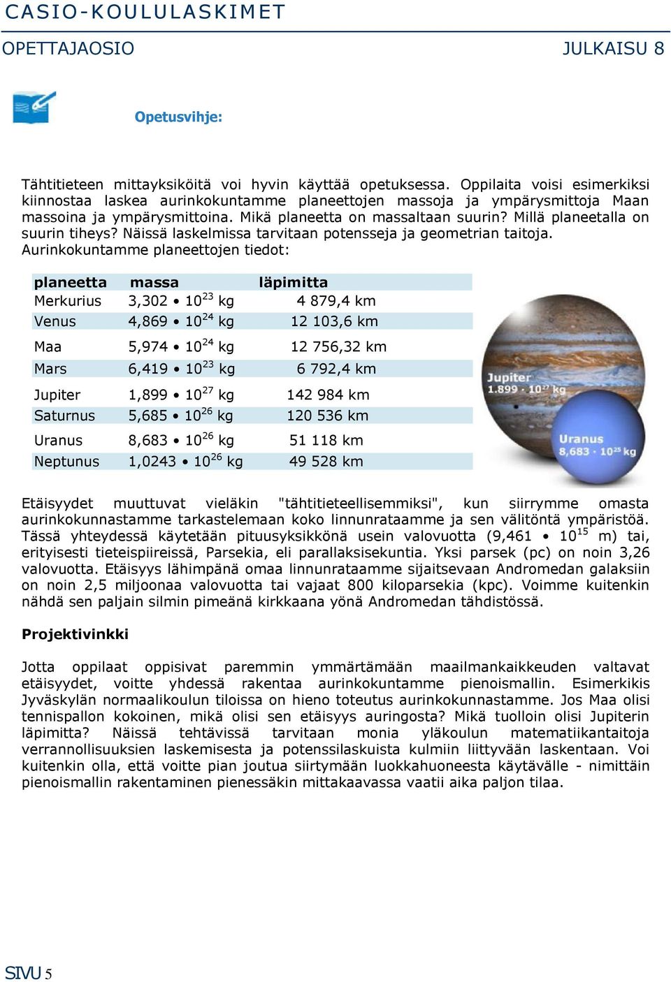 Millä planeetalla on suurin tiheys? Näissä laskelmissa tarvitaan potensseja ja geometrian taitoja.