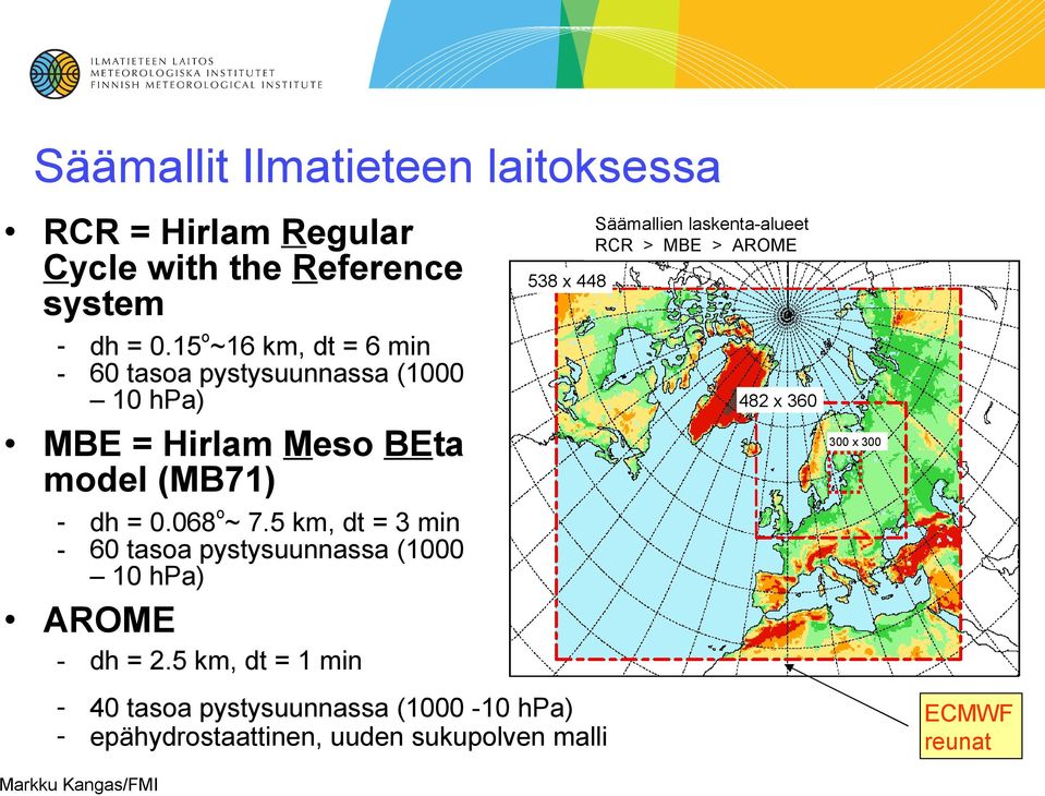 15o~16 km, dt = 6 min - 60 tasoa pystysuunnassa (1000 10 hpa) MBE = Hirlam Meso BEta model (MB71) 482 x 360 300 x 300 - dh