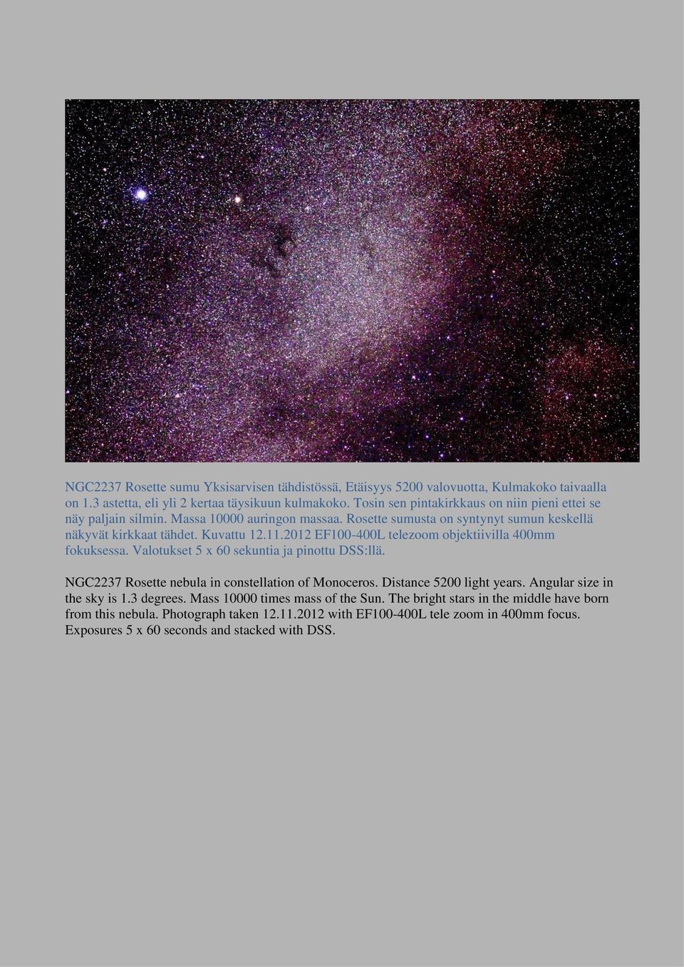 2012 EF100-400L telezoom objektiivilla 400mm fokuksessa. Valotukset 5 x 60 sekuntia ja pinottu DSS:llä. NGC2237 Rosette nebula in constellation of Monoceros. Distance 5200 light years.