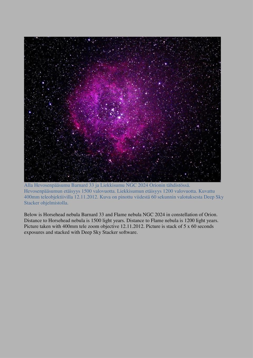 Kuva on pinottu viidestä 60 sekunnin valotuksesta Deep Sky Stacker ohjelmistolla.