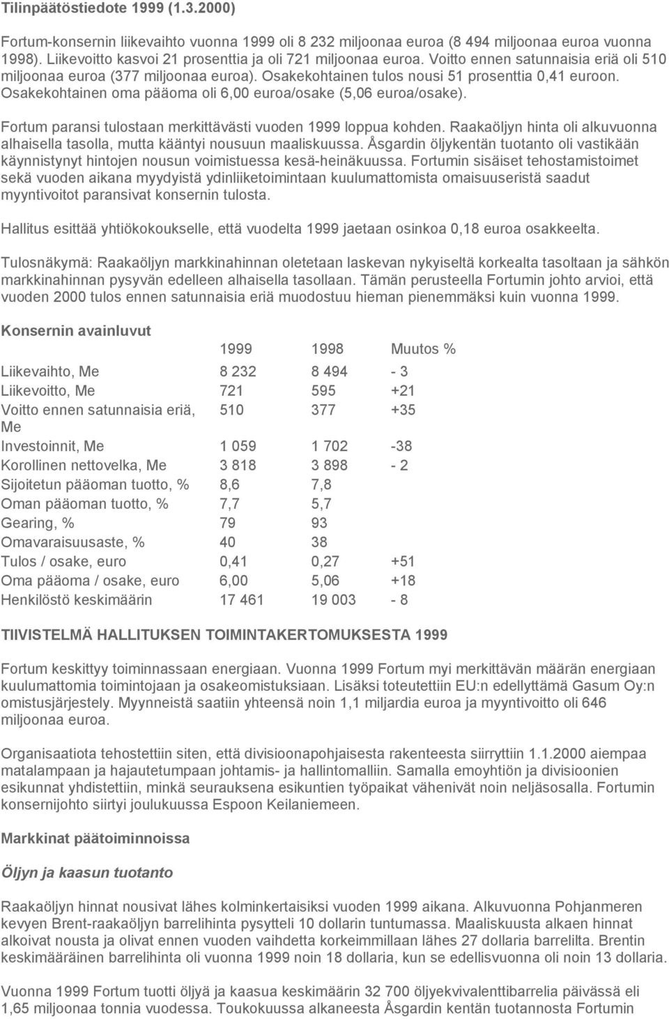 Fortum paransi tulostaan merkittävästi vuoden 1999 loppua kohden. Raakaöljyn hinta oli alkuvuonna alhaisella tasolla, mutta kääntyi nousuun maaliskuussa.