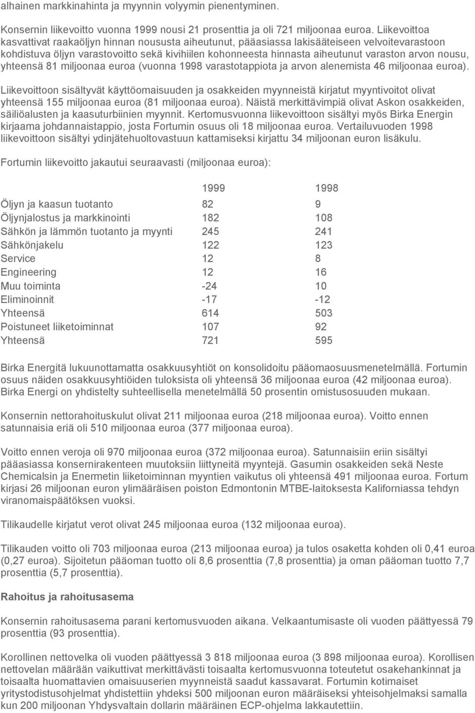 arvon nousu, yhteensä 81 miljoonaa euroa (vuonna 1998 varastotappiota ja arvon alenemista 46 miljoonaa euroa).