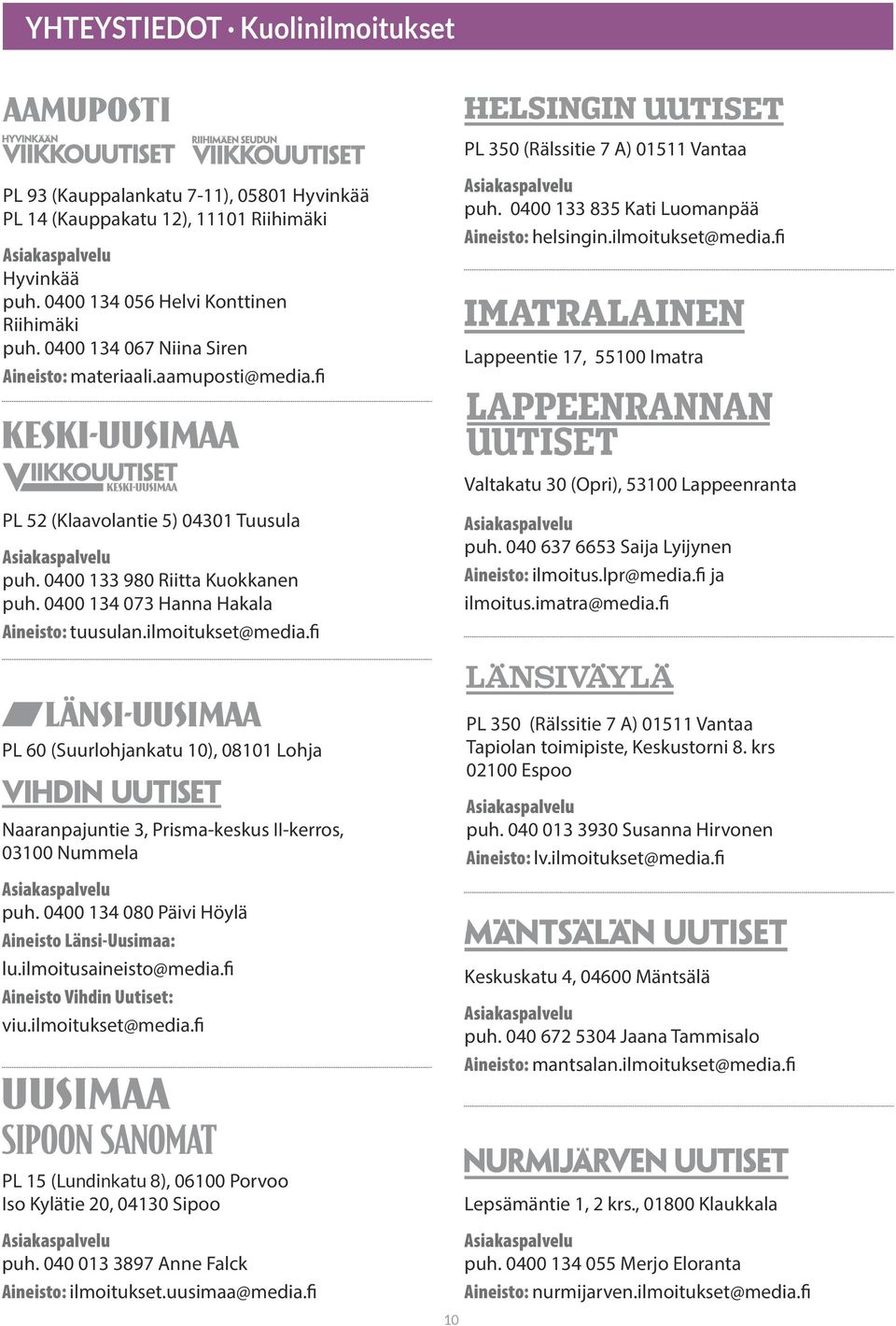 fi Lappeentie 17, 55100 Imatra Valtakatu 30 (Opri), 53100 Lappeenranta PL 52 (Klaavolantie 5) 04301 Tuusula puh. 0400 133 980 Riitta Kuokkanen puh. 0400 134 073 Hanna Hakala Aineisto: tuusulan.