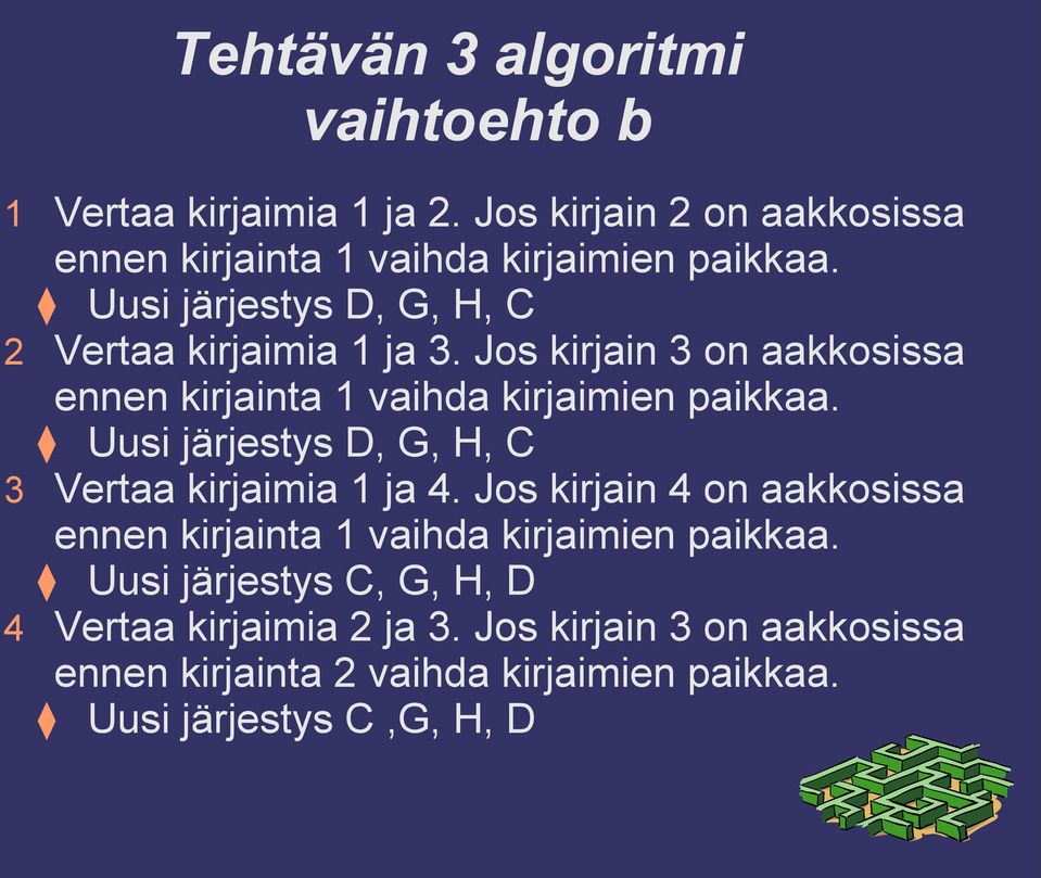 Uusi järjestys D, G, H, C 3 Vertaa kirjaimia 1 ja 4. Jos kirjain 4 on aakkosissa ennen kirjainta 1 vaihda kirjaimien paikkaa.