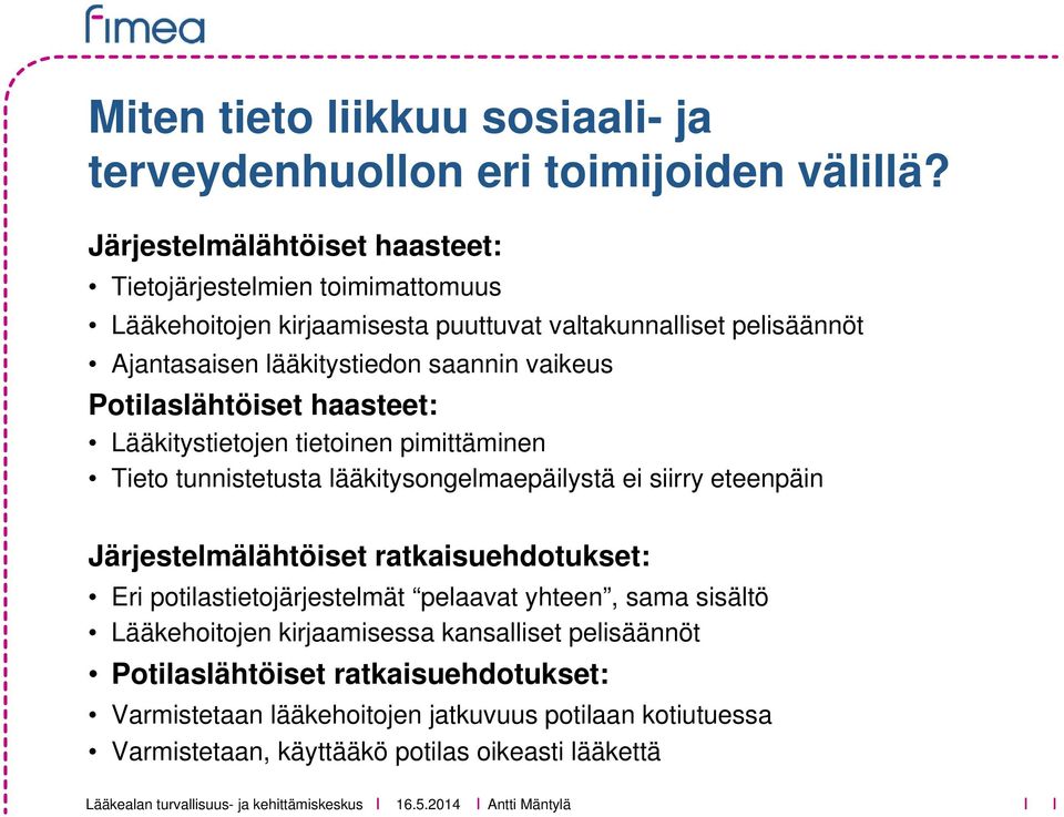 vaikeus Potilaslähtöiset haasteet: Lääkitystietojen tietoinen pimittäminen Tieto tunnistetusta lääkitysongelmaepäilystä ei siirry eteenpäin Järjestelmälähtöiset