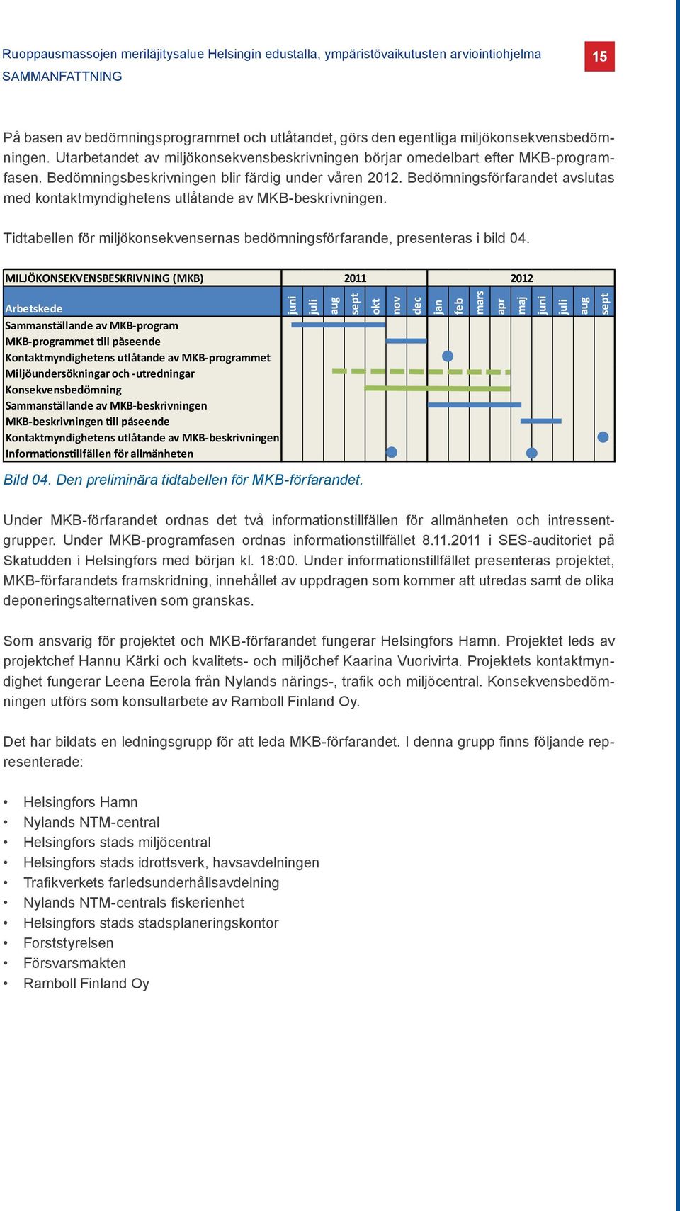 Bedömningsförfarandet avslutas med kontaktmyndighetens utlåtande av MKB-beskrivningen. Tidtabellen för miljökonsekvensernas bedömningsförfarande, presenteras i bild 04.