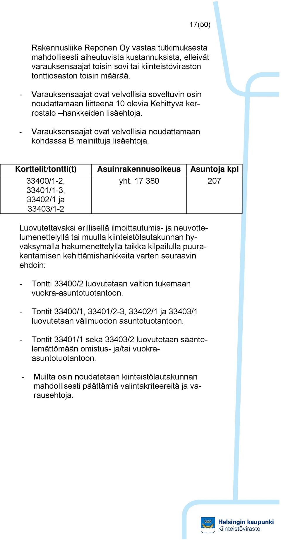 - Varauksensaajat ovat velvollisia noudattamaan kohdassa B mainittuja lisäehtoja. Korttelit/tontti(t) Asuinrakennusoikeus Asuntoja kpl 33400/1-2, 33401/1-3, 33402/1 ja 33403/1-2 yht.