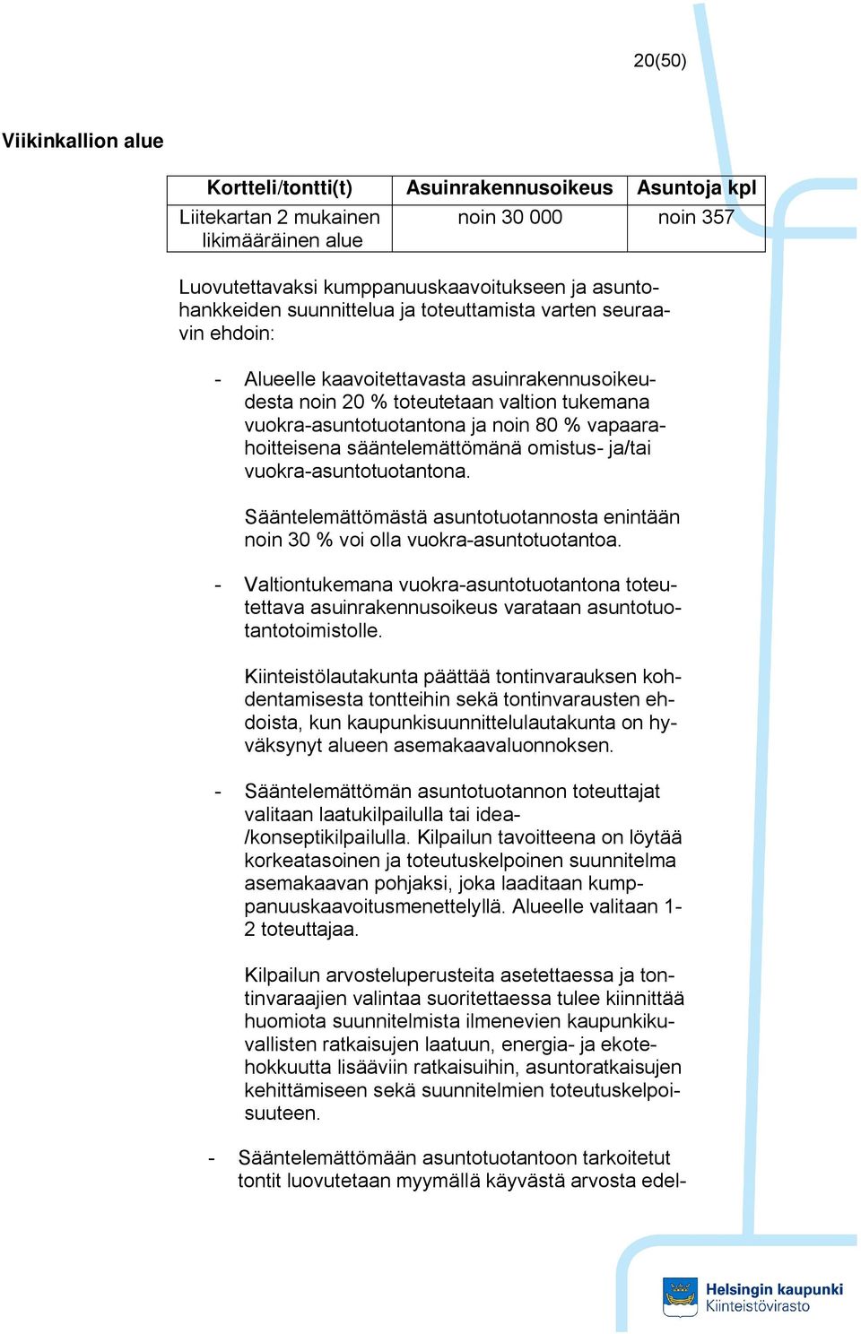vapaarahoitteisena sääntelemättömänä omistus- ja/tai vuokra-asuntotuotantona. Sääntelemättömästä asuntotuotannosta enintään noin 30 % voi olla vuokra-asuntotuotantoa.