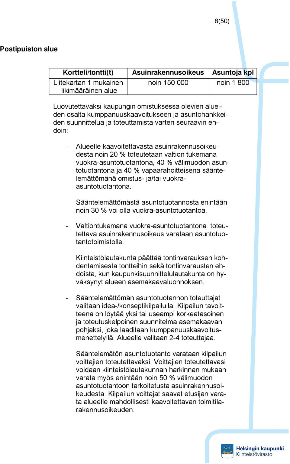 vuokra-asuntotuotantona, 40 % välimuodon asuntotuotantona ja 40 % vapaarahoitteisena sääntelemättömänä omistus- ja/tai vuokraasuntotuotantona.
