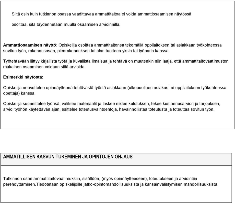 Työtehtävään liittyy kirjallista työtä ja kuvallista ilmaisua ja tehtävä on muutenkin niin laaja, että ammattitaitovaatimusten mukainen osaaminen voidaan siitä arvioida.