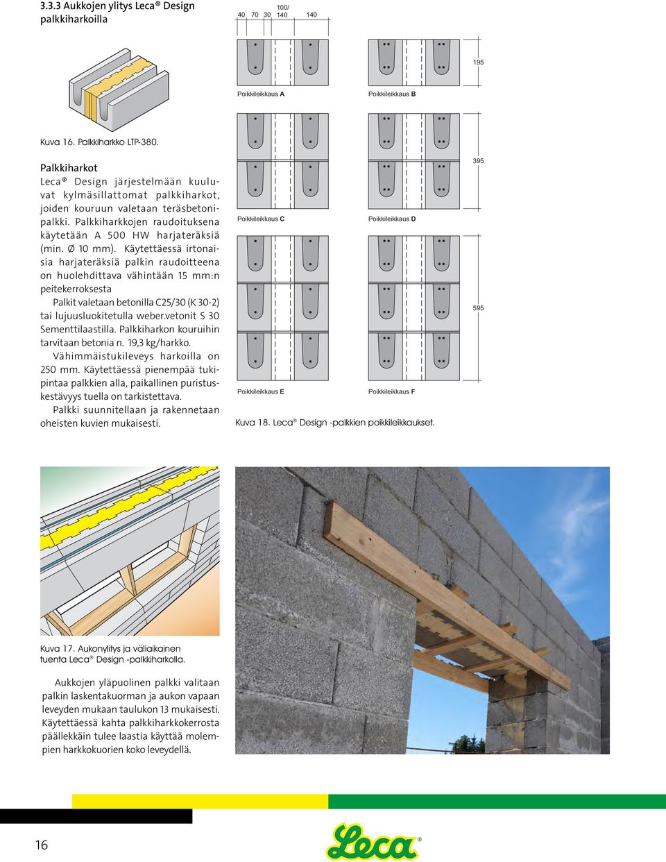 Ø 10 mm). Käytettäessä irtonaisia harjateräksiä palkin raudoitteena on huolehdittava vähintään 15 mm:n peitekerroksesta Palkit valetaan betonilla C25/30 (K 30-2) tai lujuusluokitetulla weber.