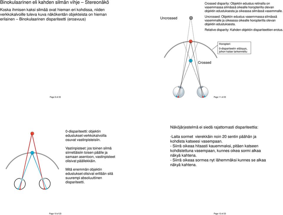 Uncrossed: Objektin edustus vasemmassa silmässä vasemmalle ja oikeassa oikealle horopterilla olevan objektin edustuksesta. Relative disparity: Kahden objektin dispariteettien erotus.