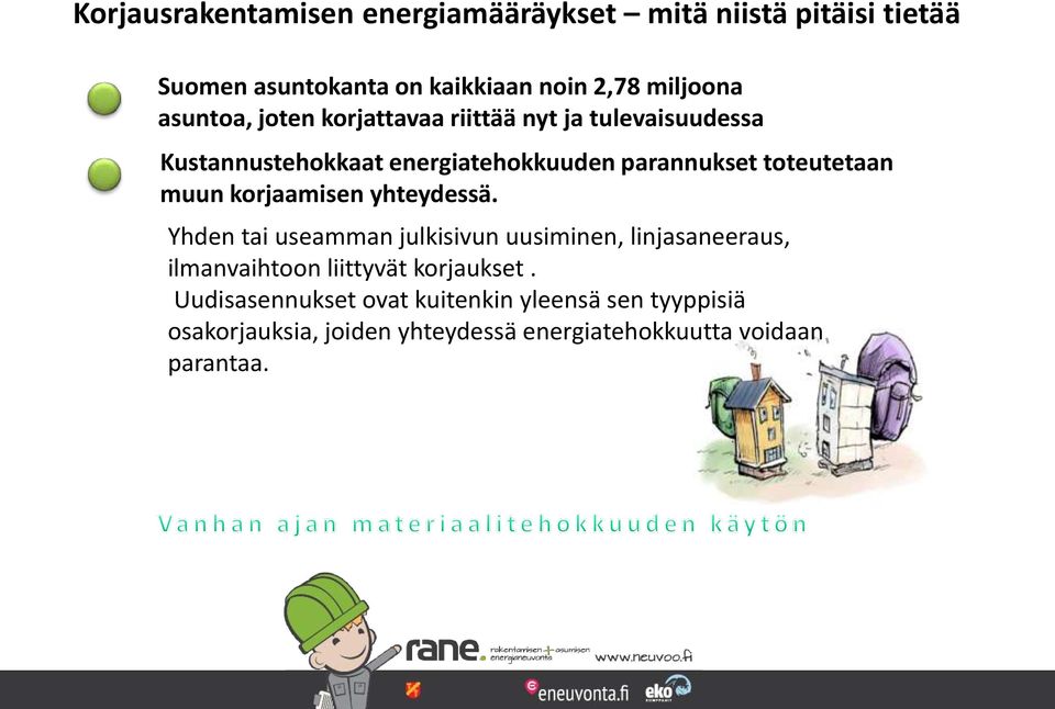 Kustannustehokkaat energiatehokkuuden parannukset toteutetaan muun korjaamisen yhteydessä.