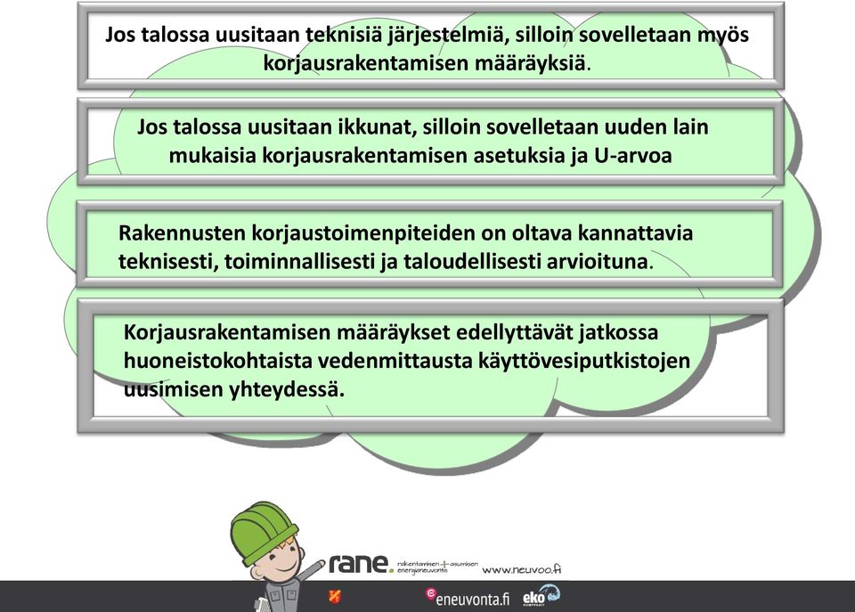 Rakennusten korjaustoimenpiteiden on oltava kannattavia teknisesti, toiminnallisesti ja taloudellisesti arvioituna.