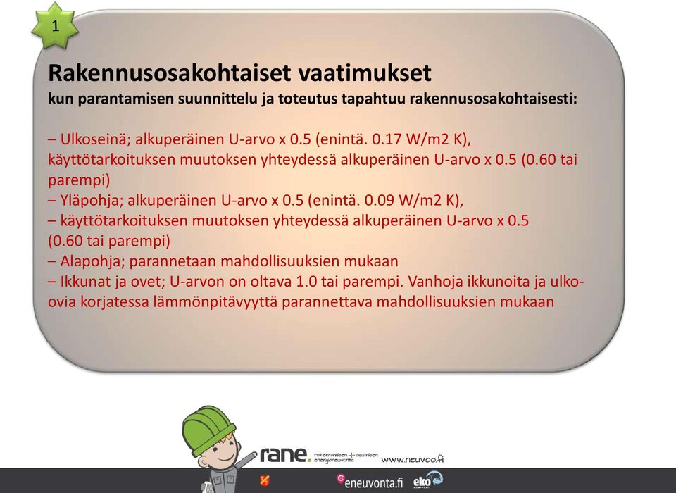 5 (enintä. 0.09 W/m2 K), käyttötarkoituksen muutoksen yhteydessä alkuperäinen U-arvo x 0.5 (0.