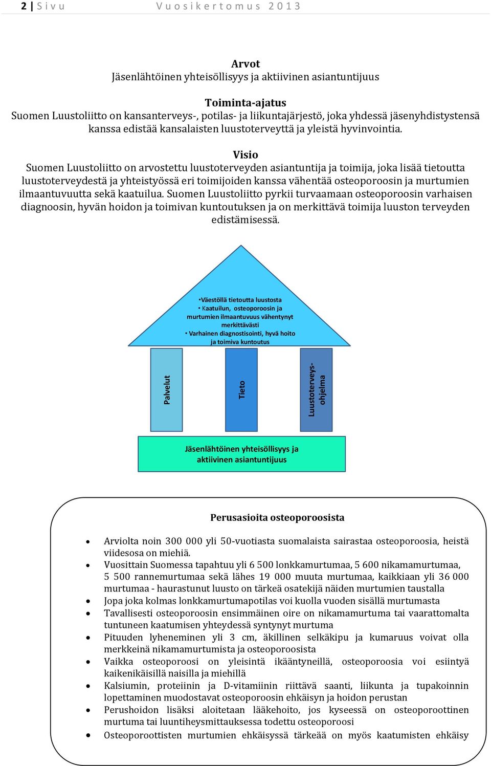 Visio Suomen Luustoliitto on arvostettu luustoterveyden asiantuntija ja toimija, joka lisää tietoutta luustoterveydestä ja yhteistyössä eri toimijoiden kanssa vähentää osteoporoosin ja murtumien