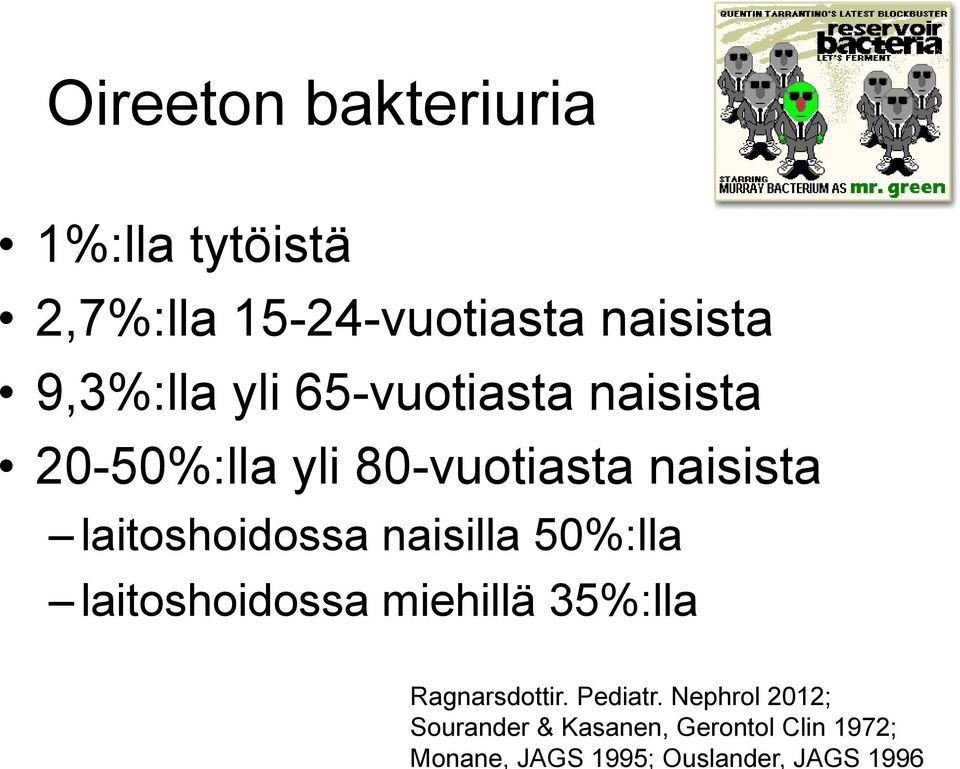 Ouslander, JAGS 1996 Oireeton bakteriuria 1%:lla tytöistä 2,7%:lla