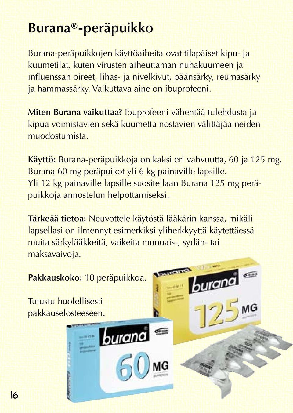 Käyttö: Burana-peräpuikkoja on kaksi eri vahvuutta, 60 ja 125 mg. Burana 60 mg peräpuikot yli 6 kg painaville lapsille.