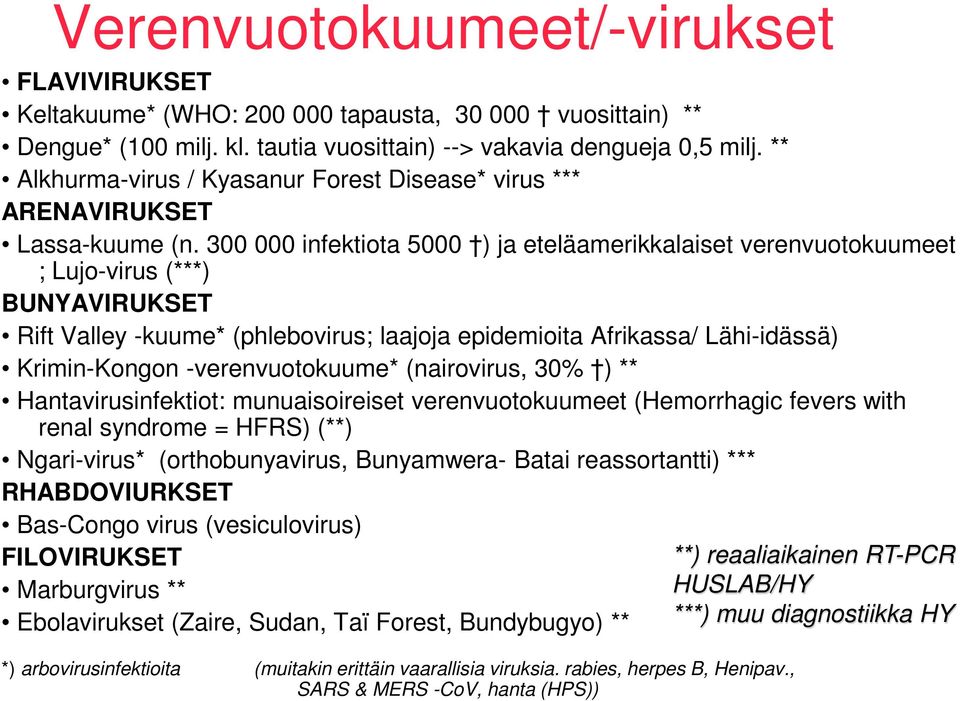 300 000 infektiota 5000 ) ja eteläamerikkalaiset verenvuotokuumeet ; Lujo-virus (***) BUNYAVIRUKSET Rift Valley -kuume* (phlebovirus; laajoja epidemioita Afrikassa/ Lähi-idässä) Krimin-Kongon