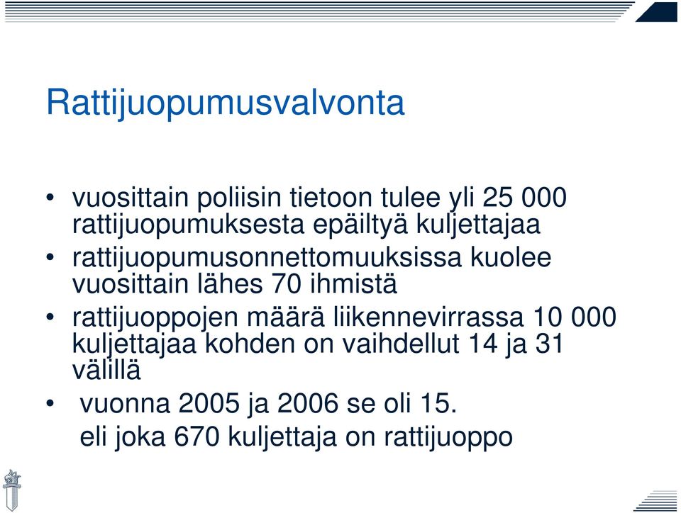 vuosittain lähes 70 ihmistä rattijuoppojen määrä liikennevirrassa 10 000