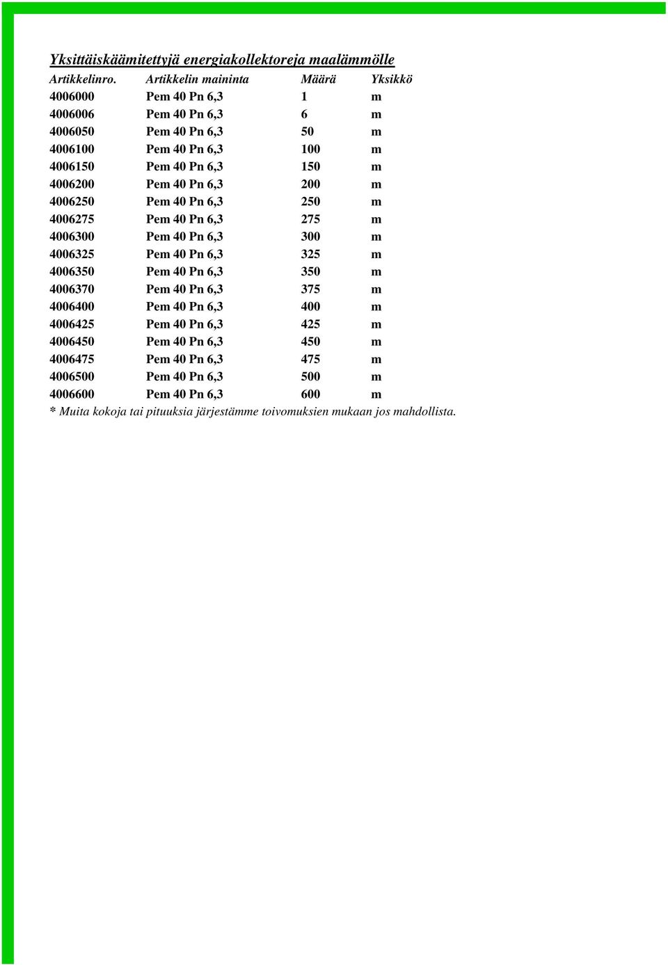 40 Pn 6,3 325 m 4006350 Pem 40 Pn 6,3 350 m 4006370 Pem 40 Pn 6,3 375 m 4006400 Pem 40 Pn 6,3 400 m 4006425 Pem 40 Pn 6,3 425 m 4006450 Pem 40 Pn 6,3 450 m