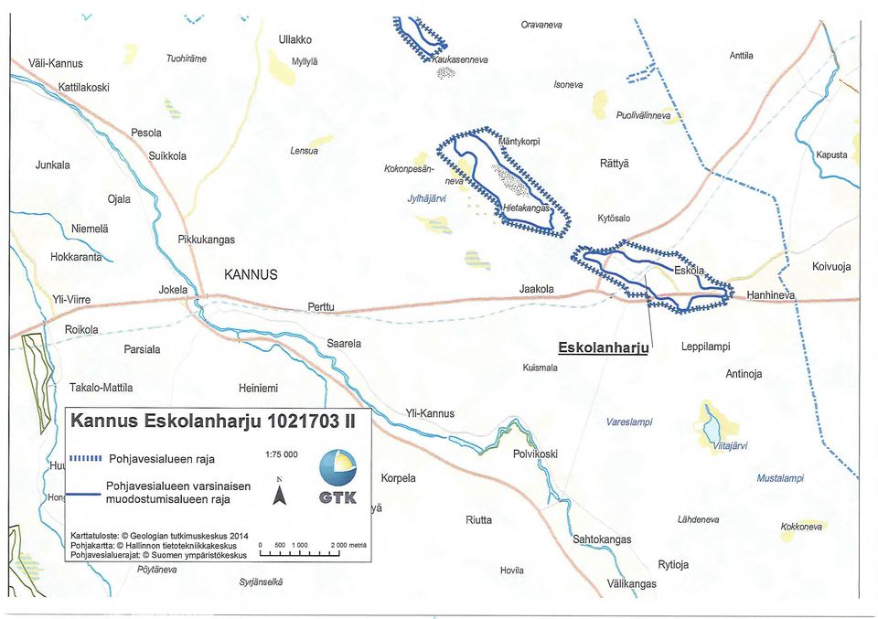 Hanhineva, Koivuoja Roikola Parsiala Saarela Eskolanharju Leppilampi 1 Takalo-Mattila Heinienni Kuismala Antinoja 1 Kannus Eskolanharju 1021703 II Yli-Kannus Vareslampi 11111111 Pohjavesialueen raja.