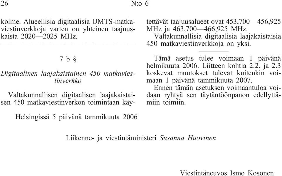 463,700 466,925 MHz. Valtakunnallisia digitaalisia laajakaistaisia 450 matkaviestinverkkoja on yksi. Tämä asetus tulee voimaan 1 päivänä helmikuuta 2006. Liitteen kohtia 2.2. ja 2.