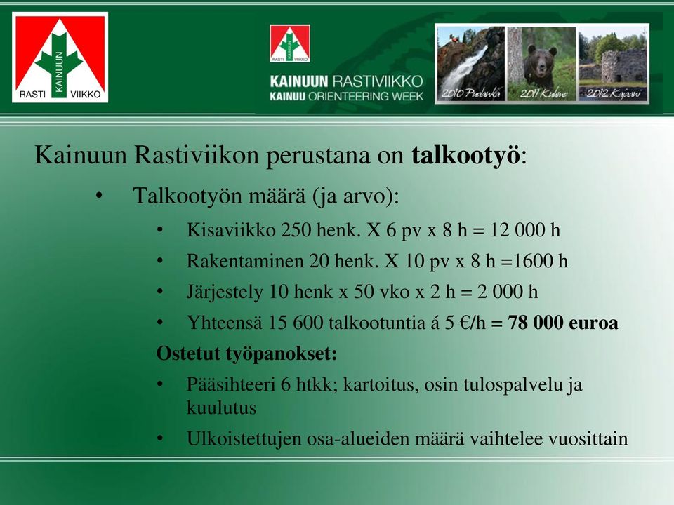 X 10 pv x 8 h =1600 h Järjestely 10 henk x 50 vko x 2 h = 2 000 h Yhteensä 15 600 talkootuntia á