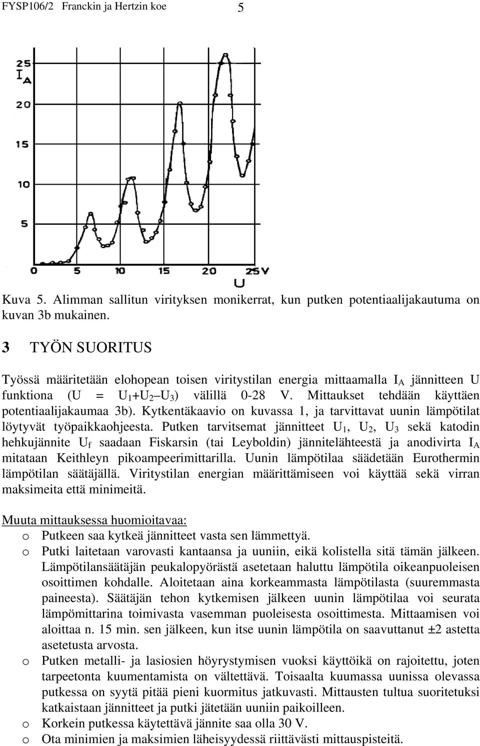 Kytkentäkaavio on kuvassa 1, ja tarvittavat uunin lämpötilat löytyvät työpaikkaohjeesta.