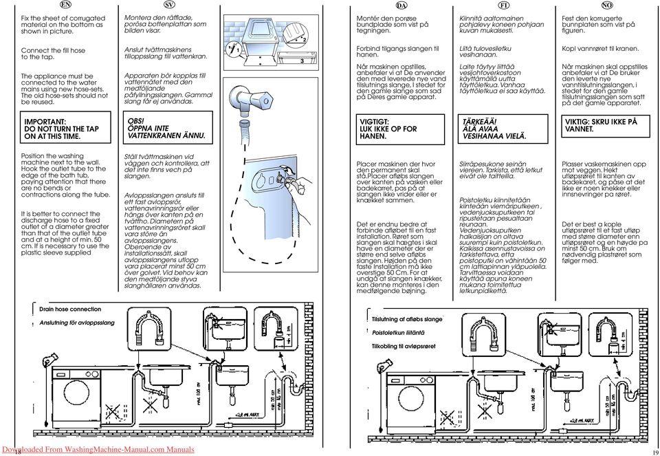 The appliance must be connected to the water mains using new hosesets. The old hosesets should not be reused. Anslut tvättmaskinens tilloppsslang till vattenkran.