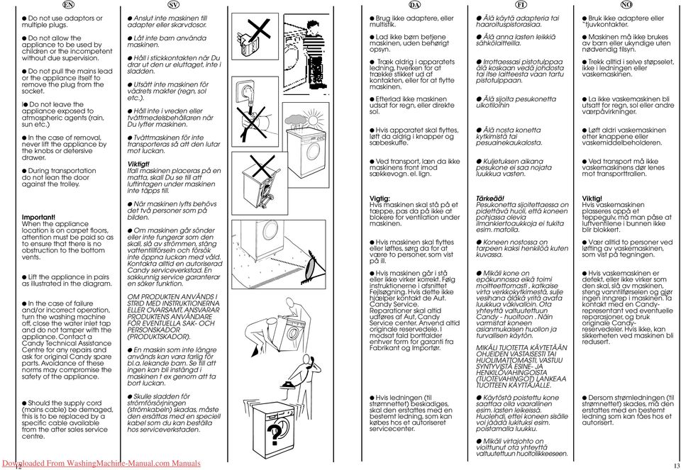Do not pull the mains lead or the appliance itself to remove the plug from the socket. l Do not leave the appliance exposed to atmospheric agents (rain, sun etc.